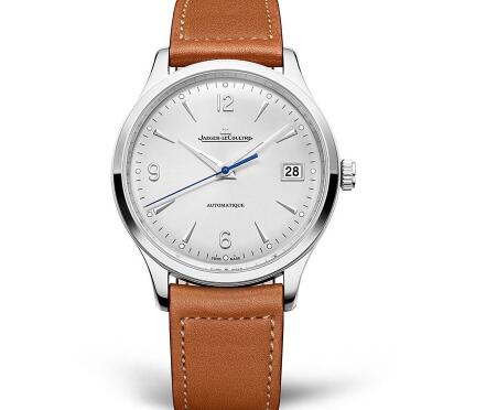 The blue second hand is striking on the silver dial.